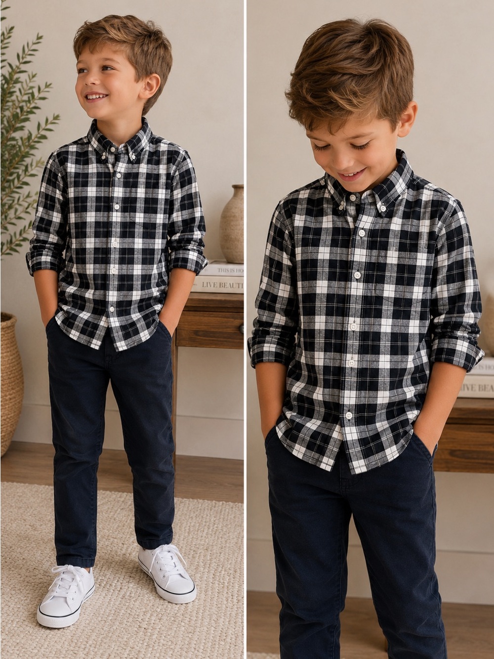 Janie‎ and Jack Boys Black White Plaid Button Down Shirt Size 6 Cotton